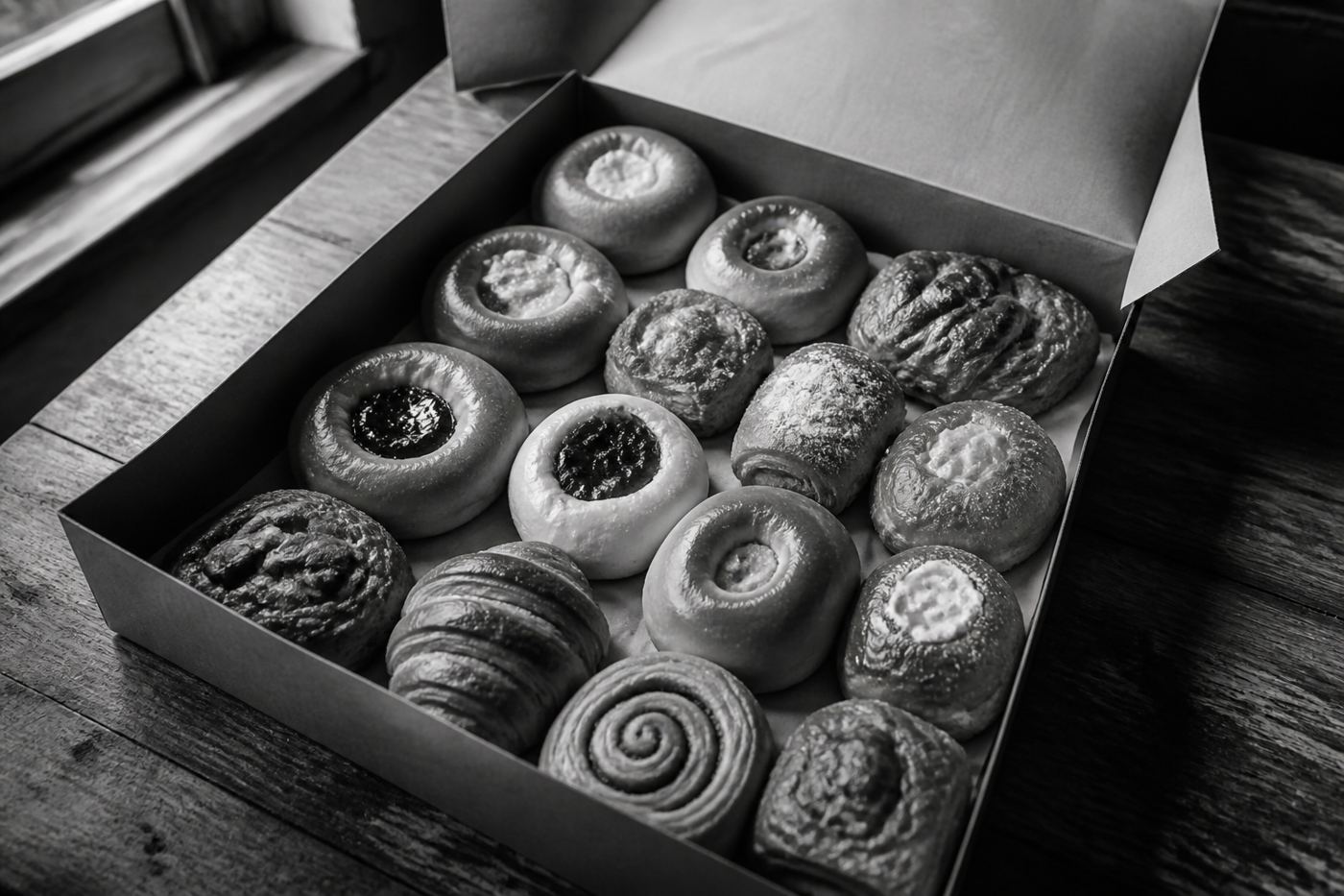 A baker’s dozen of pastries in a box